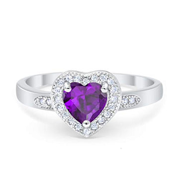 Halo Heart Promise Ring Round Simulated Amethyst CZ 925 Sterling Silver